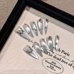 TEMU 10개 세트 긴 별이 빛나는 고양이 눈 핑크 그라데이션 라인스톤 수제 네일 아트 패치