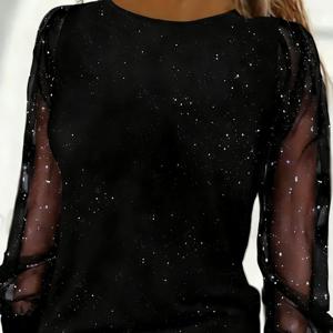 TEMU 여성 패션 이지 캐주얼 티셔츠 - 별이 빛나는 긴팔 상의, 바디에 떨어지는 깨진 밤하늘의 느낌, 반짝이는 소매 메쉬, 속이 빈 솜털 퍼프 소매, 숨겨진 재치, 라운드넥 슬림핏, 피부 친화적, 달콤하고 멋진 상호 교차하는 봄