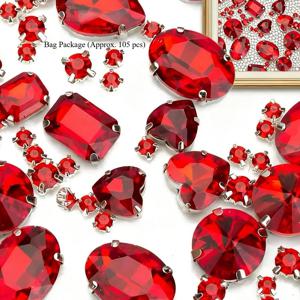 TEMU 105개 빨간색 박음질용 유리 라인석 혼합 모양 금속 집게형 발치, 장식 DIY용