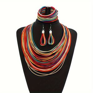 TEMU 여성을 위한 패션 빈티지 멀티 레이어 왁스 처리된 실로 꼰 목걸이, 파티 액세서리, 짧은 목걸이, 귀걸이, 팔찌 3종 세트