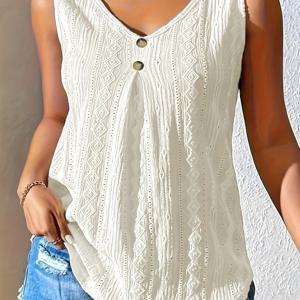 TEMU 플러스 사이즈 - 플러스 사이즈 - 유럽 및 미국 플러스 사이즈 여성용 V넥 할로우 자카드 민소매 베스트 셔츠 프렌치 캐주얼 스타일 루즈핏 여름 출퇴근 휴가 캐주얼 탑