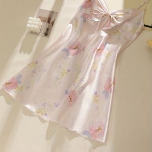 TEMU 아이스 섬유 원단으로 제작된 섹시한 여성용 캐미솔 나이트가운, 순수하고 관능적인 스타일, 올오버 프린트가 있는 트렌디한 시스루 라운지웨어, 달콤하고 편안한 루즈핏 레이스 오픈백 수면복