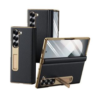 TEMU 갤럭시 Z 폴드 6 럭셔리 가죽 홀더 폰 케이스 + 스크린 보호 필름, 전기도금 감싸기, 접이식 브라켓 홀스터, 정확한 구멍 위치, 실제 기기 몰드 제작