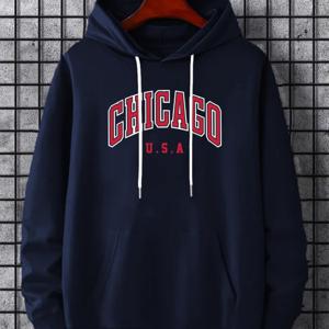 TEMU CHICAGO 레터 프린트 후드티, 맞춤형 모자 포켓 패션 캐주얼 탑 (가을/겨울용), 남성용 후드 스웨트셔츠, 후드 재킷