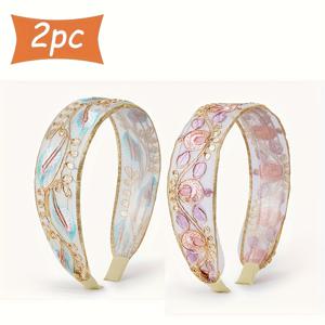 TEMU 2개입 봄/여름 신상 자수 스팽글 헤어밴드 에스닉 스타일 빈티지 와이드 헤어밴드 헤어 액세서리