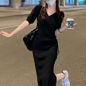 TEMU 여성용 슬림핏 V넥 반팔 미디 드레스 - 사이드 슬릿 & 끈 조절 허리, 고신축 아이스 실크 원단, 캐주얼부터 포멀까지의 우아한 한국-일본 스타일 봄/여름 드레스, 블랙