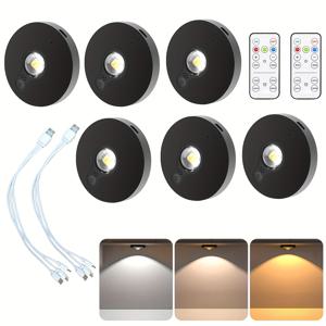 TEMU 3구/6구 세트, LED, 초박형 2cm 0.7인치, 리모컨, 렌즈, 충전식, 자석 설치, 캐비닛 조명, 피규어용 디스플레이 케이스 조명, 블랙