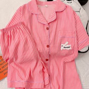 TEMU 프린트와 토끼 자수 여성용 반팔 잠옷 세트 반바지 포함 부드러운 폴리에스터 여름 수면복 편안한 라운지웨어 홈수트 캐주얼 홈웨어 슬림핏 아시안 사이즈