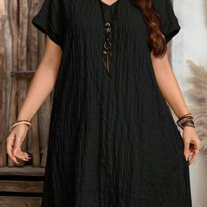 TEMU 플러스 사이즈, 중동 플러스 사이즈 싱글피스 V넥 솔리드 컬러 패션 유럽&미국 에스닉 스타일 레트로 루즈핏 반팔 드레스