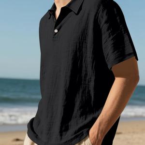 TEMU 남성용 여름 반팔 셔츠 - 통기성 린넨 캐주얼 버튼업 셔츠, 클래식 칼라 디자인, 비치웨어 & 아웃도어 착용, 솔리드 컬러, 컨트라스트 칼라, 편안한 소재, 스타일리시한 남성복