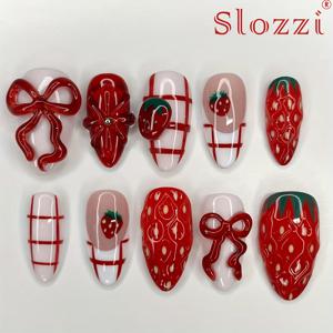 TEMU 핸드메이드 3D 나비매듭 과일 딸기 아몬드 스타일 인조네일 레드 그리드 신선한 과일 3D 입체 딸기 리본 그리드 아몬드 인조네일 여성용 분할 코드 XS S M 10개입