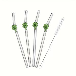 TEMU 혁신적인 클로버 모양의 재사용 가능한 고 붕규산 유리 빨대 4개 세트 | 8mm × 7.87인치, 청소 브러쉬 포함 - 뜨겁거나 차가운 음료 모두에 적합, 식기세척기 사용 가능, 스무디, 주스, 아이스 커피, 보바 차에 완벽, 파티에 적합