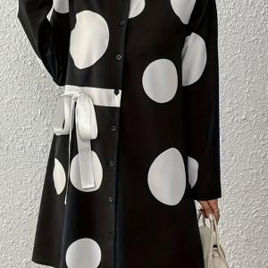 TEMU 여성용 우아한 폴카 도트 드레스 - 스탠드 칼라 & 타이 디자인 - 루즈핏 라인 드레스 - 웨딩, 오피스, 파티용 - 기계 세탁 가능 무릎 길이 드레스