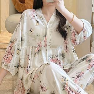 TEMU 여성용 플로럴 프린트 반팔 긴바지 파자마, 여름용 경량, 에어컨복으로 적합, 봄/가을용 가디건 라운지웨어 세트