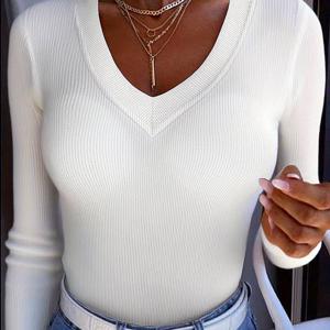 TEMU 봄가을 V넥 풀오버 솔리드 컬러 슬림핏 캐주얼 티셔츠