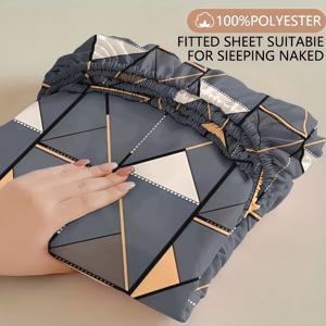 TEMU 모던 기하학 패턴 폴리에스터 침대 시트 1개, 더블/퀸/킹 사이즈 침대에 적합 - 딥 그레이 및 골드 디자인, 주름 방지 고급스러운 침대 스커트, 벨벳처럼 부드럽고 손대면 느낌, 우아한 분위기 연출