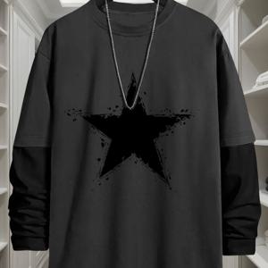 TEMU 남성용 2-in-1 스타 프린트 긴팔 티셔츠 - 오버핏 패턴 루즈핏 라운드넥 스트리트웨어 탑, 레이어링 및 캐주얼 착용 가능한 세탁기 사용 가능한 캐주얼 블렌딩 셔츠 (벨트 미포함)