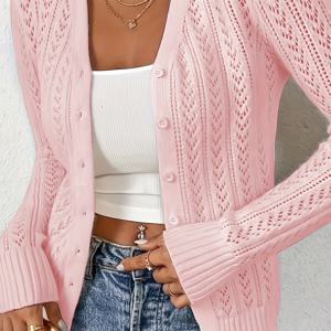 TEMU 여성용 우아한 화이트 롱 슬리브 가디건 - 버튼 클로저 오픈 프론트 스웨터, 봄/가을/여름용 경량 레이어링 피스, 시크한 오피스 투 파티 의상, 여성 스웨터, 시즌 패션, V넥 디자인, 내구성 있는 니트웨어, 가을 워드로브, 통기성 소재, 스타일리시 탑, 패션 애호가용