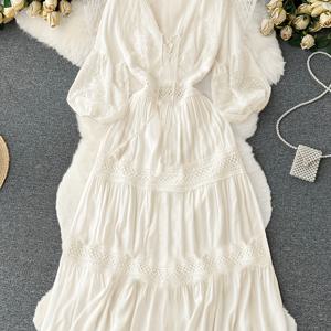 TEMU 여성용 우아한 레이스 트림 V넥 A라인 드레스 - 레이스 소매 & 백 패널, 길이 조절 가능한 허리 끈 벨트, 레이스 장식 밑단, 세탁기 사용 가능 웨딩 게스트 가운 (스트레치 없음, 단색)