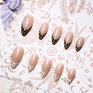 TEMU 10개입 핸드메이드 아몬드형 프레스온 네일 세트, 브라운 & 프렌치 폴카도트 스타일, 우아하고 미니멀, 모든 행사에 적합, 데일리웨어, 웨딩, 재사용 가능한 인조 네일