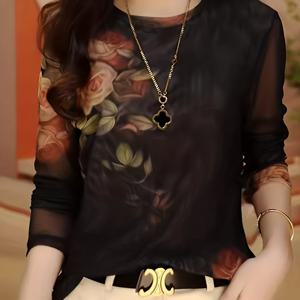 TEMU 여성용 시스루 세미 네트 플라워 프린트 티셔츠 - 슬림핏 롱슬리브 라운드넥 블라우스, 드레스/코트 레이어링용 고탄력, 세탁기 사용 가능 사계절 탑 (우아한 스페셜 라인) - 중국어 이름 호환 가능