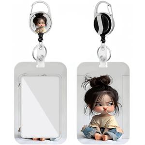 TEMU 귀여운 카툰 디자인 카드 홀더 - 베이지 티셔츠 & 청바지 디자인과 장난기 넘치는 표정 프린트 - 프린트 패턴 ID - 버스, 캠퍼스 카드에 적합 - 수납형 ID 클립 포함 - 배지 홀더 - 사무실, 학교, 학생, 간호사, 의사, 교사용 - 수직 카드 이름표 배지 보호대 - 할로윈, 부활절, 추수감사절, 생일용 다기능 액세서리 - 룸 데코에 완벽