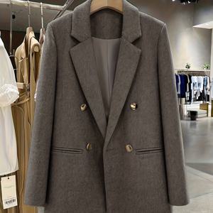 TEMU [서부 통근 스타일] 라이트 커피 텍스처 트위드 더블 브레스트 , 루즈한 미드 레인지 통근 다용도 여성용 정장