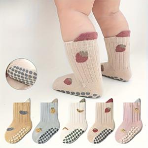 TEMU 걸음마 배우기 아기 양말 5켤레, 미끄럼 방지 부드러운 밑창 바닥 양말, 만화 과일 패턴, 통기성 있는 발 보호용
