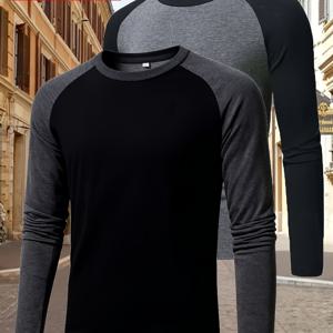 TEMU 남성용 긴팔 라운드넥 스포츠 스웨트셔츠, 스타일리시한 컬러 블록 라운드넥 티셔츠 남성용, 봄/가을에 적합, 투피스 아웃도어 의류 세트