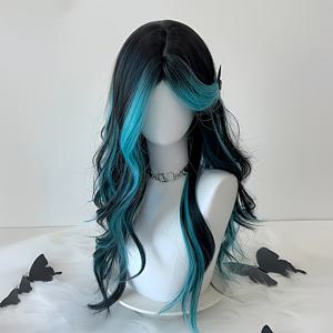 TEMU 데일리 웨어 가발, 모든 사람에게 적합, 블랙, 블루, 염색, 미디엄 스플릿, 빅 웨이브, 롱 헤어, 크리스마스, 한국 웨이브, 패셔너블, 우아한, 파티, 범용 가발