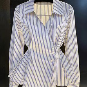 TEMU 여성용 크로스 V넥 셔츠, 허리 슬림 러플 트림 우아한 워크 블라우스 MY26