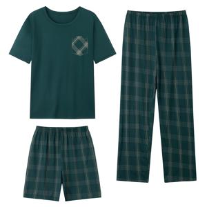 TEMU 남성용 여름 잠옷 3pcs - 반팔 라운드넥 파자마 & 매칭 반바지, 통기성 좋은 캐주얼 나이트웨어