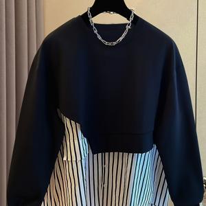 TEMU 봄 신상 여성용 솔리드 컬러 세로 패치워크 라운드넥 긴팔 스웨트셔츠