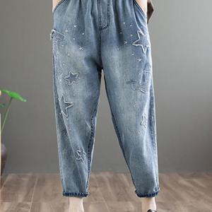 TEMU 여성 신상 자수 빈티지 별 데님 9부 팬츠-가벼운 루즈핏 밴딩 빈티지 9부 청바지
