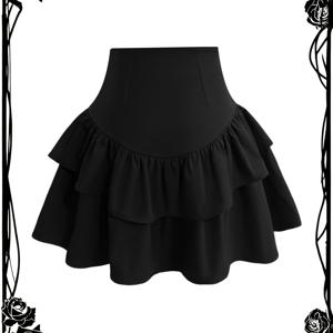 TEMU 여성용 삼각형 비대칭 스윙 디자인 이중 레이어 러플 밑단 단색 활용도 높은 빈티지 캐주얼 스커트 미니 원피스