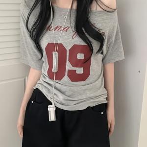 TEMU 한국 스타일 오프숄더 레터 프린트 로우웨이스트 등 디자인 소프트 루즈핏 반팔 상의