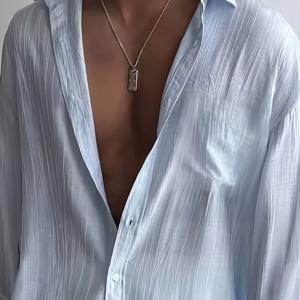 TEMU 남성용 연한 파란색 루즈핏 셔츠 - 여름 해변 휴가용 캐주얼 버튼 없는 셔츠