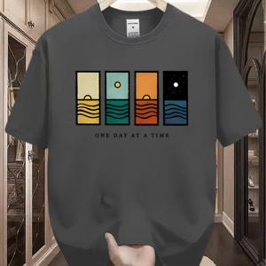 TEMU 'Day by Day' 해변 일러스트 프린트 티셔츠, 힐링 트렌디 반팔, 남녀공용