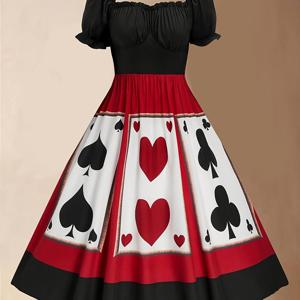 TEMU 여성 할로윈 볼 가운, 카드 테마 대형 스커트, 빈티지 드레스.
