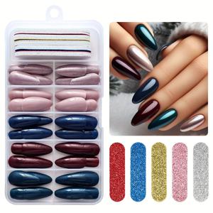 TEMU 가을, 겨울용 프레스온 네일 120개입 (티얼, 버건디, 네이비, 샴페인, 메탈릭 색상)