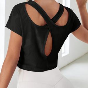 TEMU 여성용 캐주얼 스포츠 요가 티셔츠, 통기성 메쉬 백, 크로스 스트랩 디자인, 사계절 편안한 핏, 블랙, 다용도 의류, 애슬레틱 스타일, 편안한 착용감