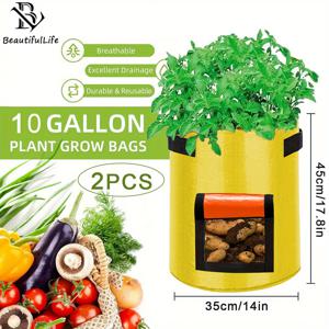 TEMU 2개 식물 재배 백, 1/3/5/7/10 갤런 PE 감자 재배 백 (손잡이 포함), 정원 채소 & 토마토용, 노란색