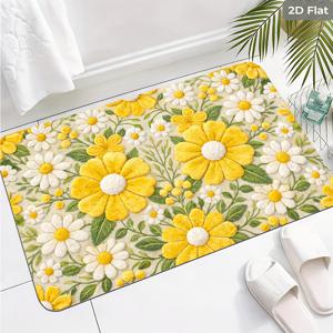 TEMU [2D 플랫] 데이지와 패턴 욕실 미끄럼 방지 매트 카펫, 1제곱미터당 860그램 무게, 규조토 재질, 러스틱 스타일에 적합. 현관, 욕실, 문, 세면대, 주방, 화장실, 실내, 복도에 이상적