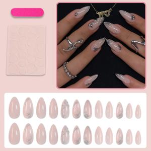 TEMU 여성들을 위한 데일리 및 특별한 날에 완벽한, 기하학적 디자인의 누드 색상의 중간 크기의 아몬드 모양 프레스온 네일 24개 세트입니다.