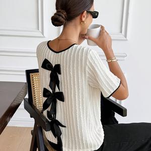 TEMU 여성용 프렌치 스타일 애프리콧 보우 백 반팔 티셔츠 - 루즈핏 라운드 넥 세로 크레이프 원단 상의, 비치웨어, 휴가 의상 & 캐주얼 블라우스 의류에 적합