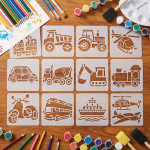 TEMU DIY 공예용 다양한 공학 차량 페인팅 스텐실 12개, 3.94인치 창의적인 비행기, 배, 기차, , 트럭, 자동차 스텐실, 재사용 가능하고 내구성 있는 플라스틱 운송 차량 수작업 드로잉 템플릿, 벽, 캔버스, 패브릭, 유리, 종이용 - 미술 및 예술 프로젝트 용품