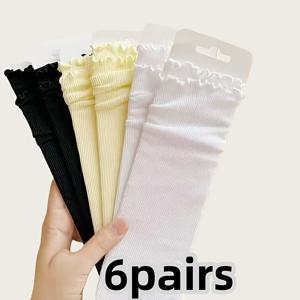 TEMU 6켤레 혼합 색상 일본/한국 스타일 크로스보더 봄/여름 우아한 여성용 신축성 있는 부드럽고 편안한 시원한 여름용 퍼일 소크스, 패셔너블하고 다재다능하며 내구성이 뛰어나고 통기성이 좋습니다.
