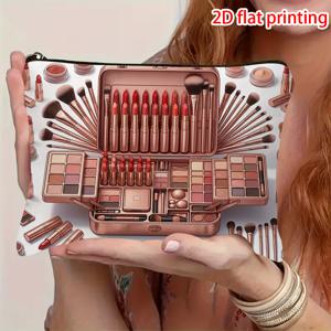 TEMU 메이크업 가방 1개, 2D 평면 프린팅, 로즈 골드 화장품 패턴이 있는 화이트 색상, 지퍼형 직사각형 파우치, 휴대용 및 경량, 여행용, 일상용, 여성 및 소녀를 위한 휴일 선물, 2D 평면