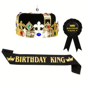 TEMU 생일 축하용 3개 세트 생일 킹 왕관 (배지, 서스, 모자 포함), 클립형 의식 배지가 있는 남성 생일 장식에 이상적