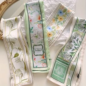TEMU 초록색 꽃무늬 얇은 좁은 긴 스카프 4개, 가방끈으로 매는 소형 스카프, 머리끈, 장식용 넥커치프, 다기능 리본